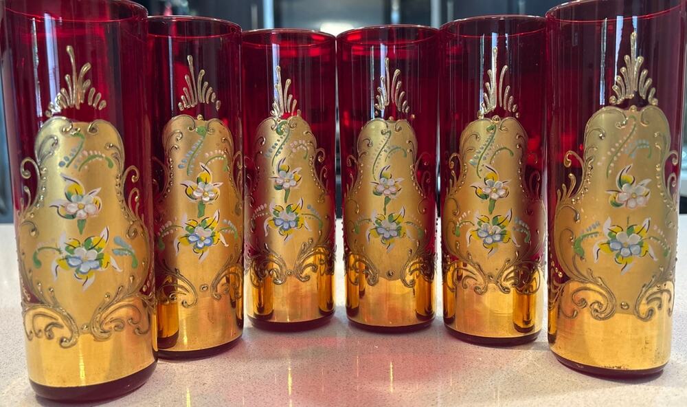 Vintage Set 6 Venetian Murano Red Gold Highball Glasses Hand Blown Handpainted